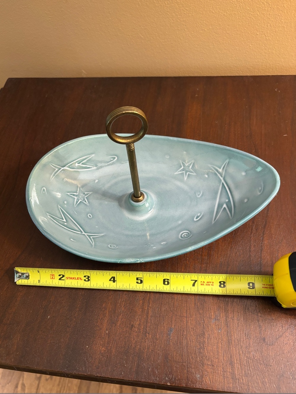 Vintage Mid Century Modern Atomic Starburst Ceramic Serving Tray Metal Handle - Picture 8 of 11